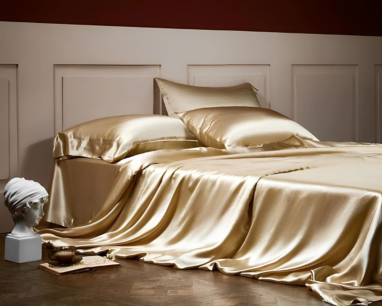 Gold satin bedding set on a bed with decorative elements in a room.