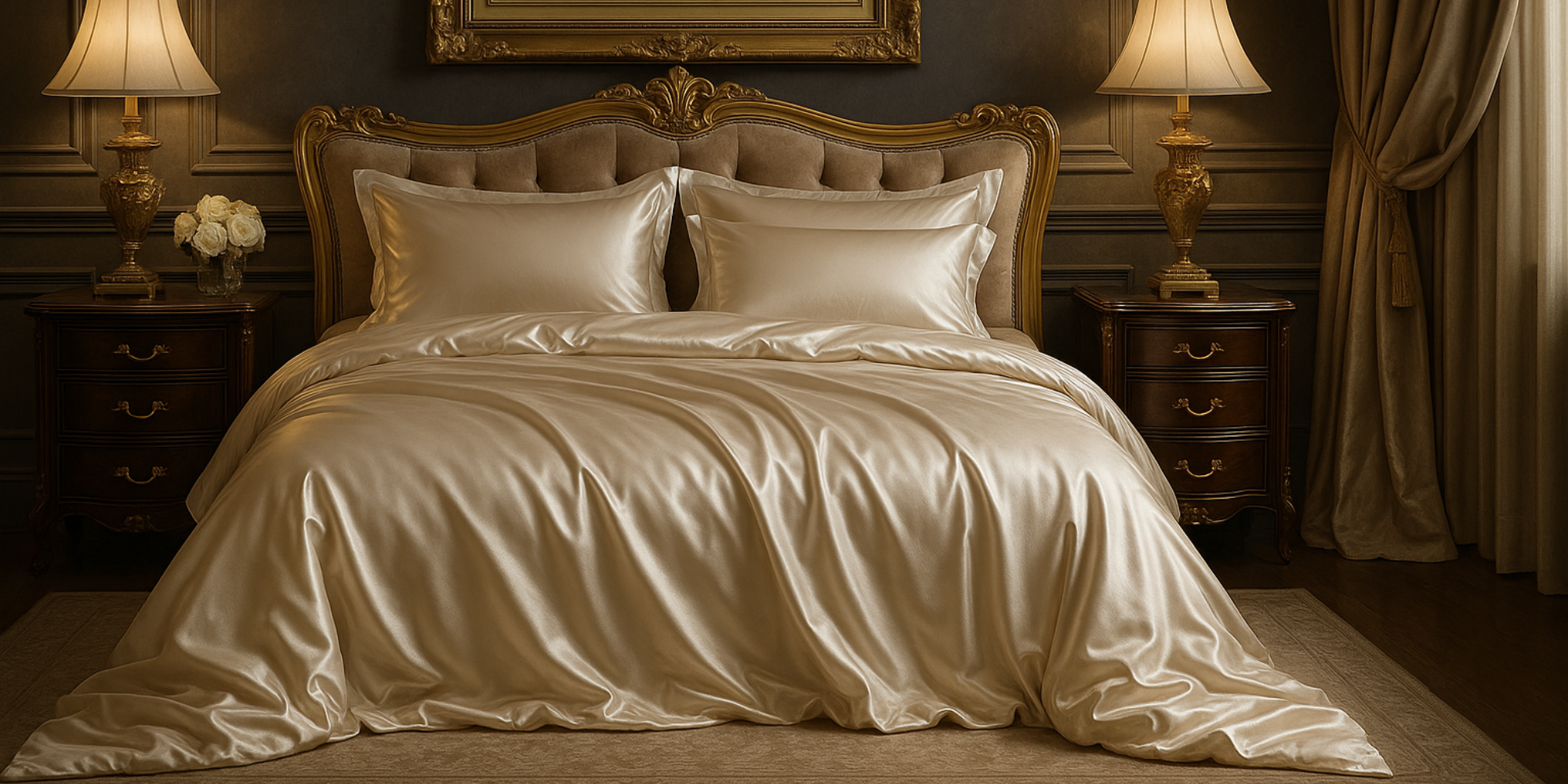 Luxurious bedroom with satin bedding, nightstands, and lamps.