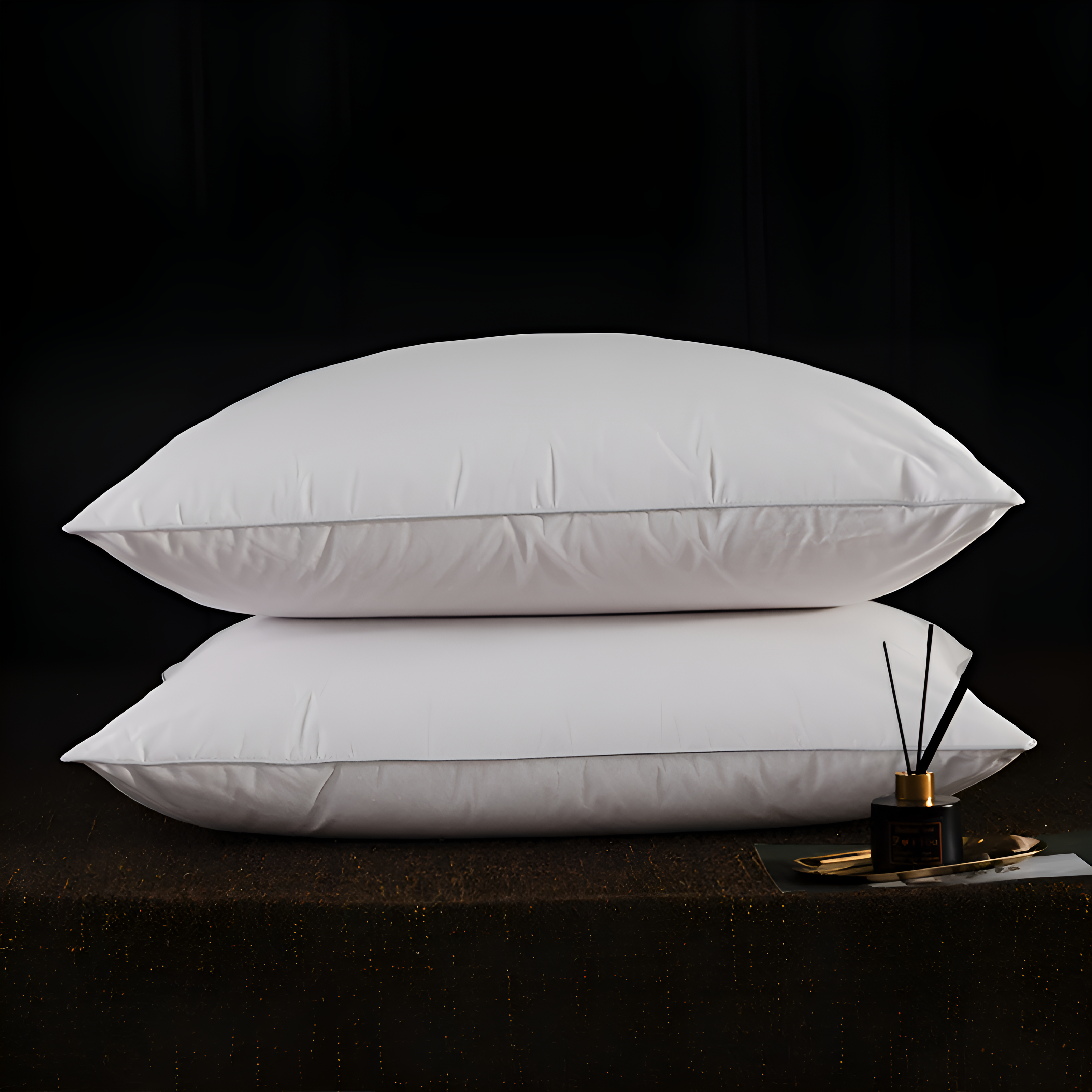 Two white pillows stacked on a dark surface with a small decorative item.