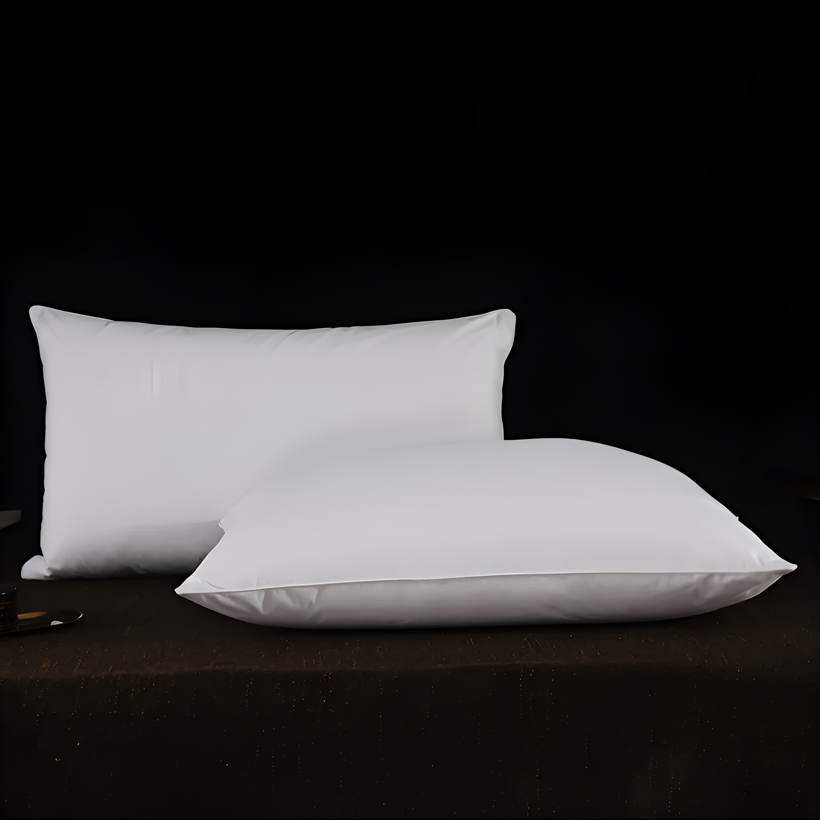 Two white pillows on a dark surface with a black background