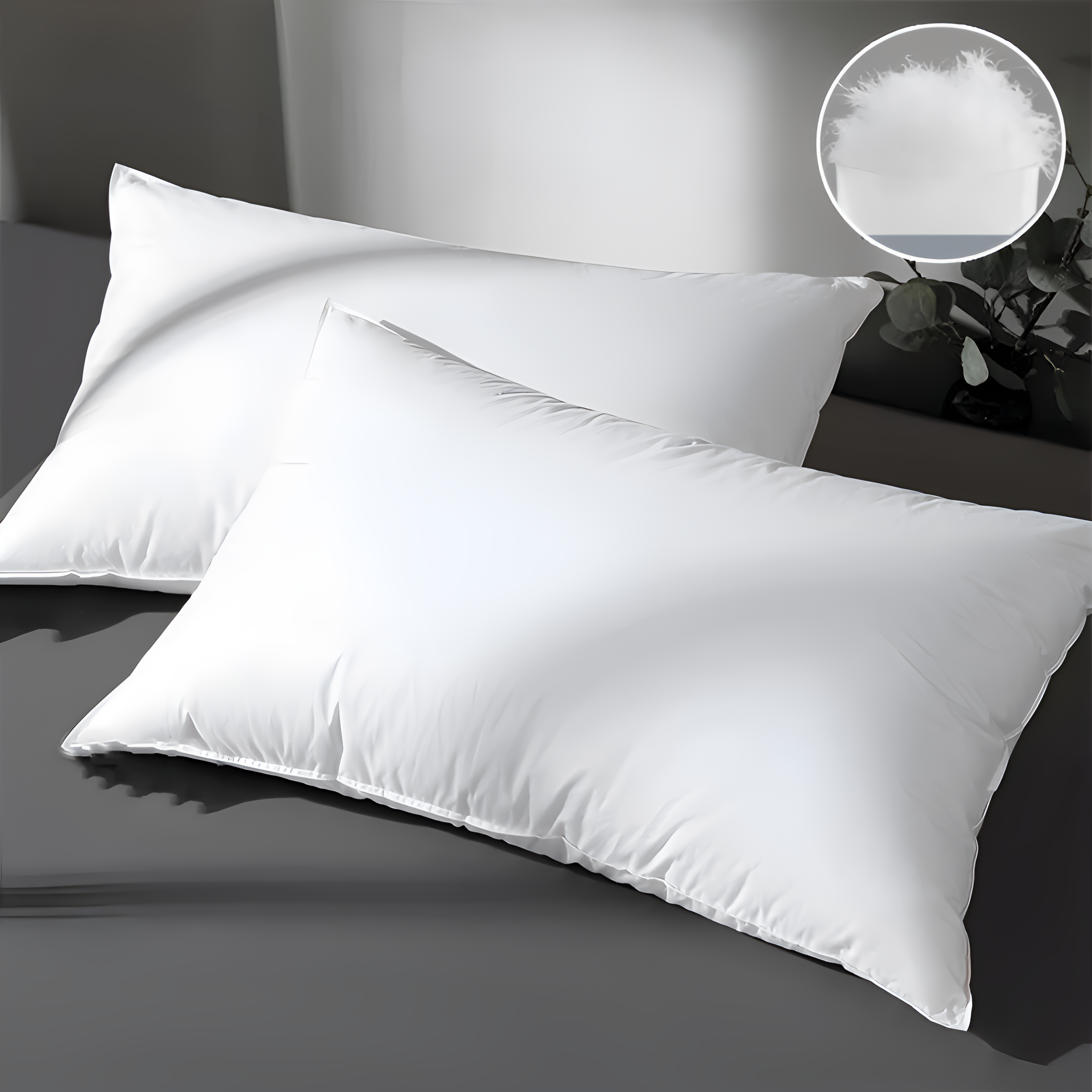 Two white pillows on a dark surface with a close-up inset showing pillow filling.
