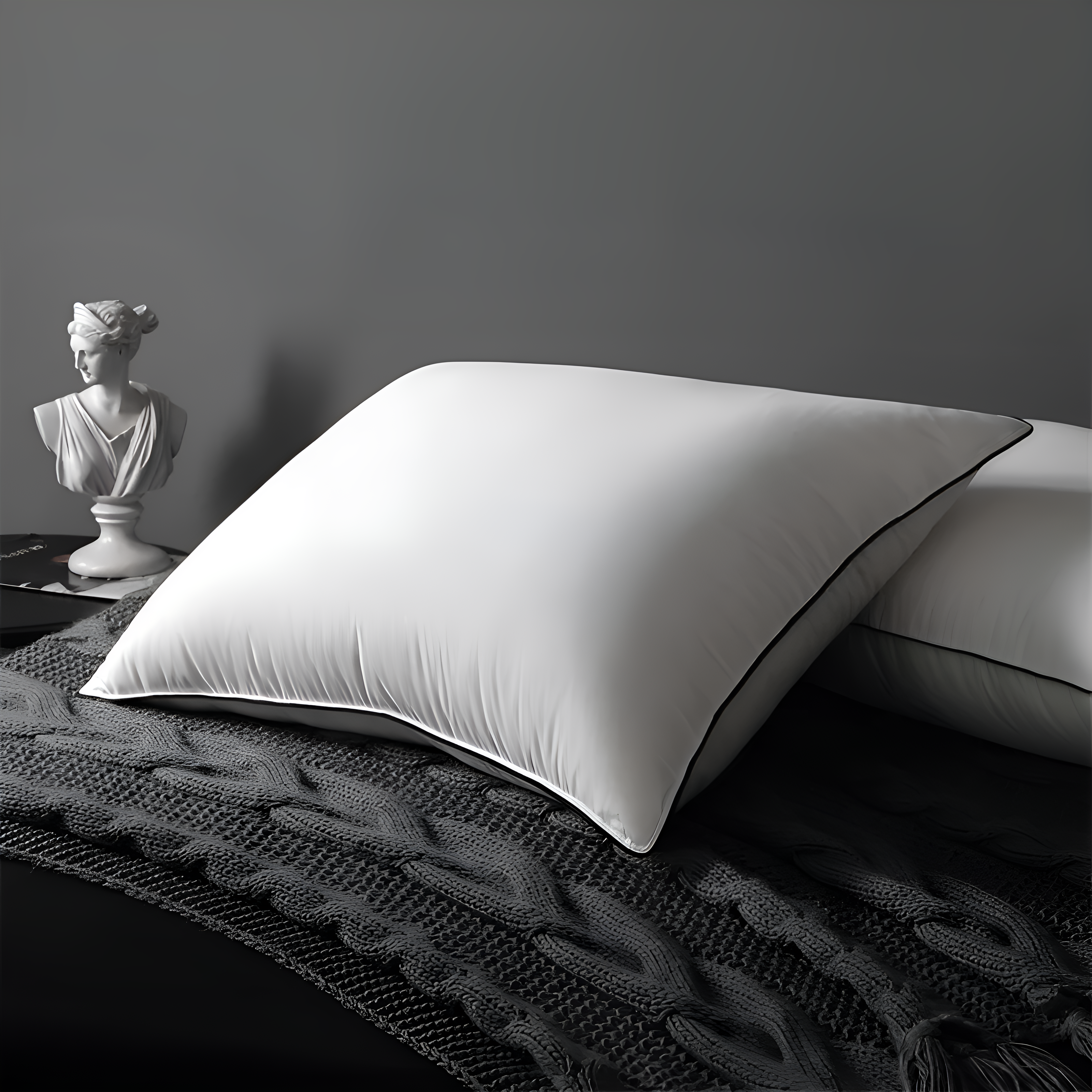 White pillow on a dark surface with a gray background