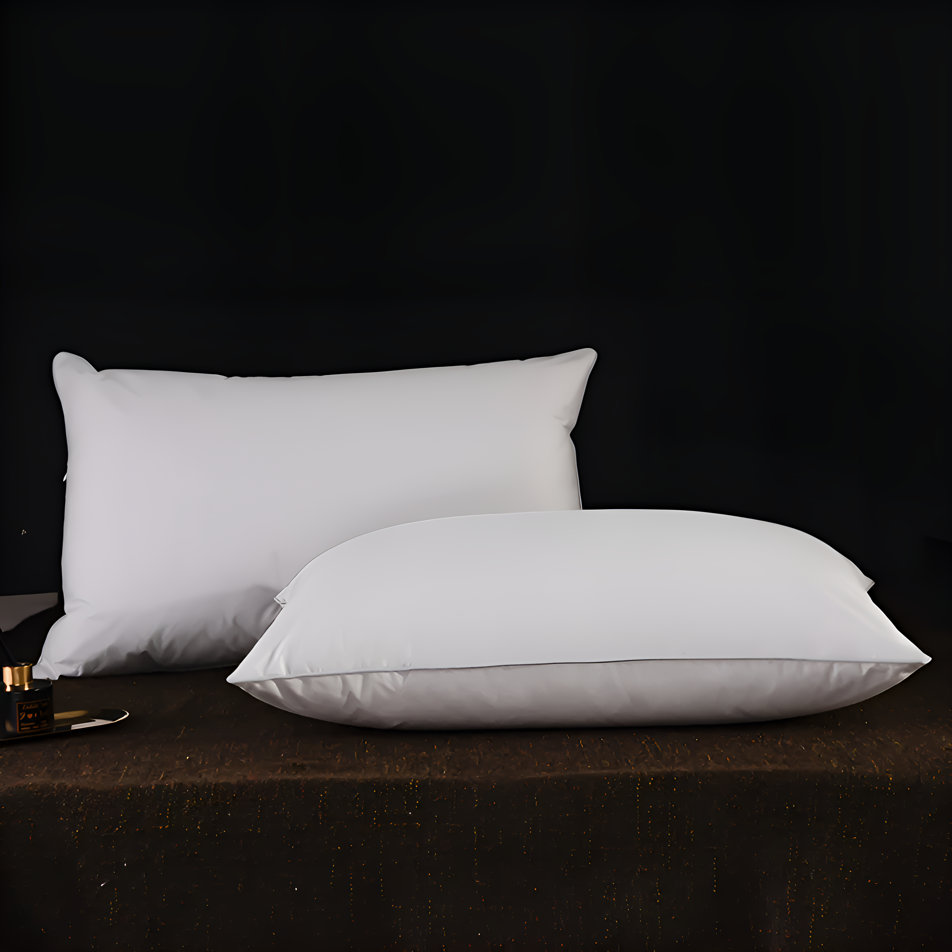 Two white pillows on a dark surface with a black background