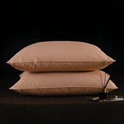 Two beige pillows stacked on a dark surface with a small decorative item.
