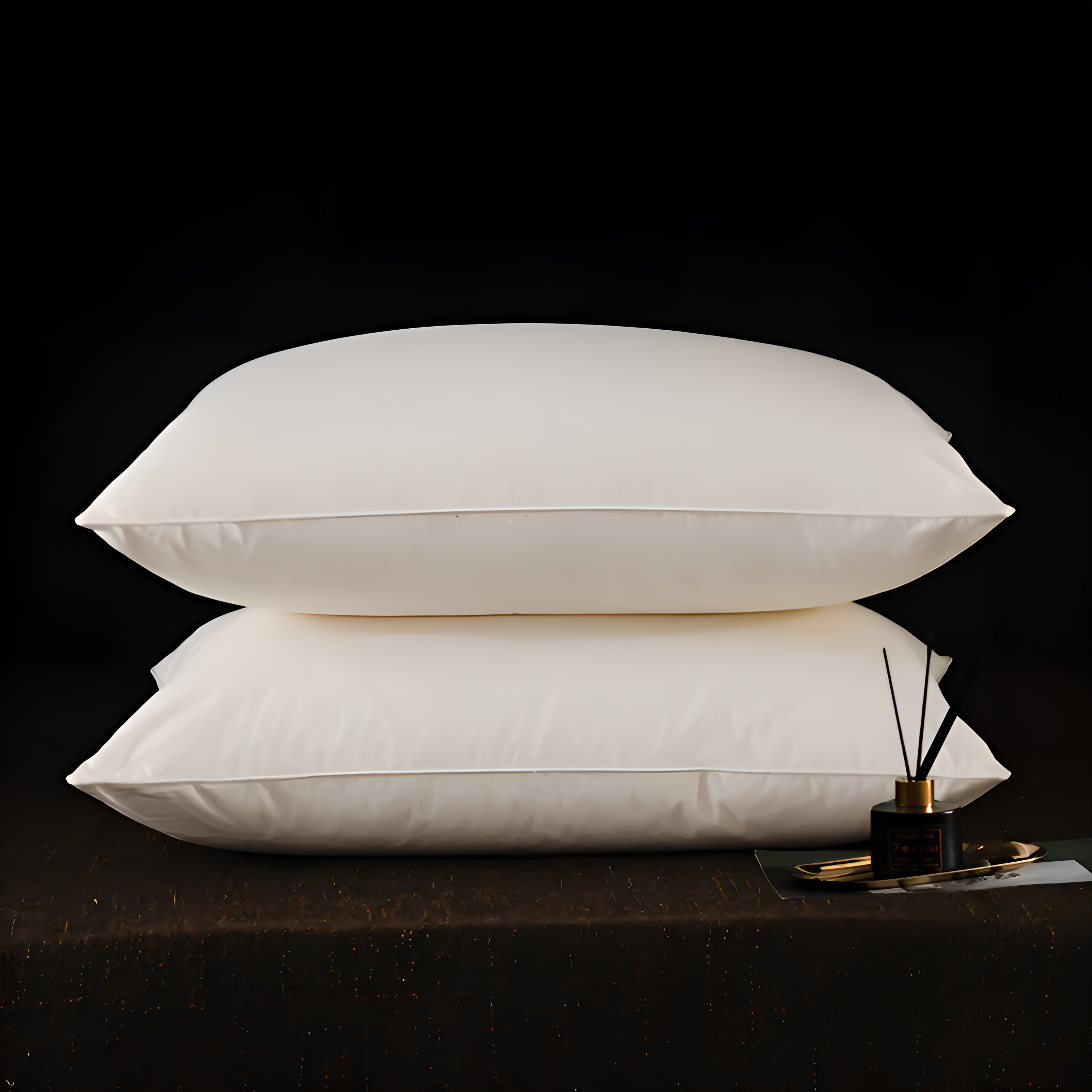 Two white pillows stacked on a dark surface with a small decorative item.